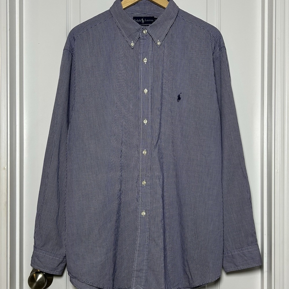 Ralph Lauren 100% Cotton Purple White Check Print Long Sleeve Button Up Shirt